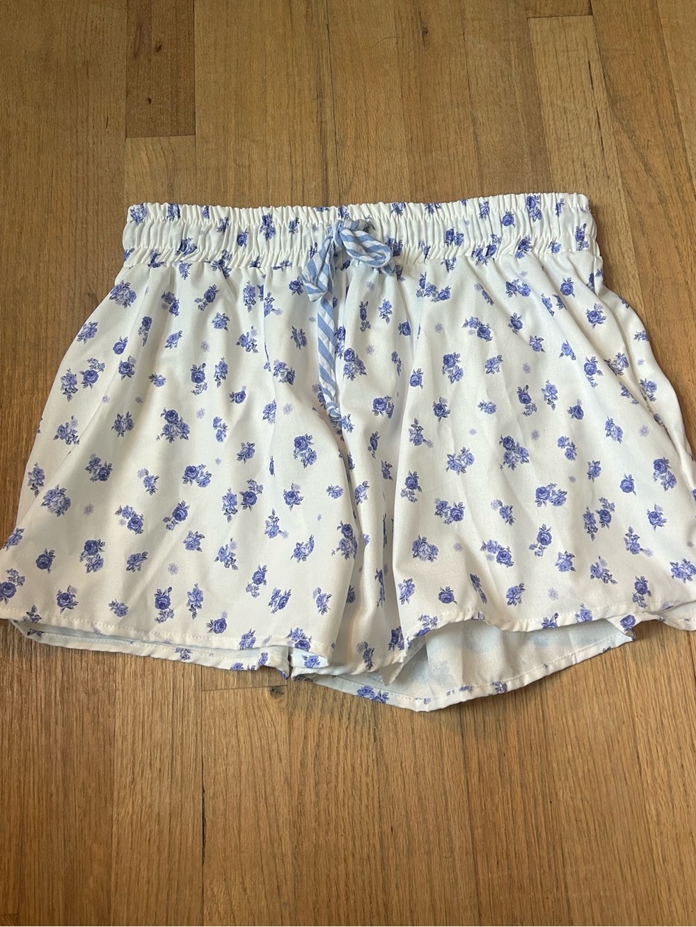White and Blue Floral Drawstring Women’s Shorts